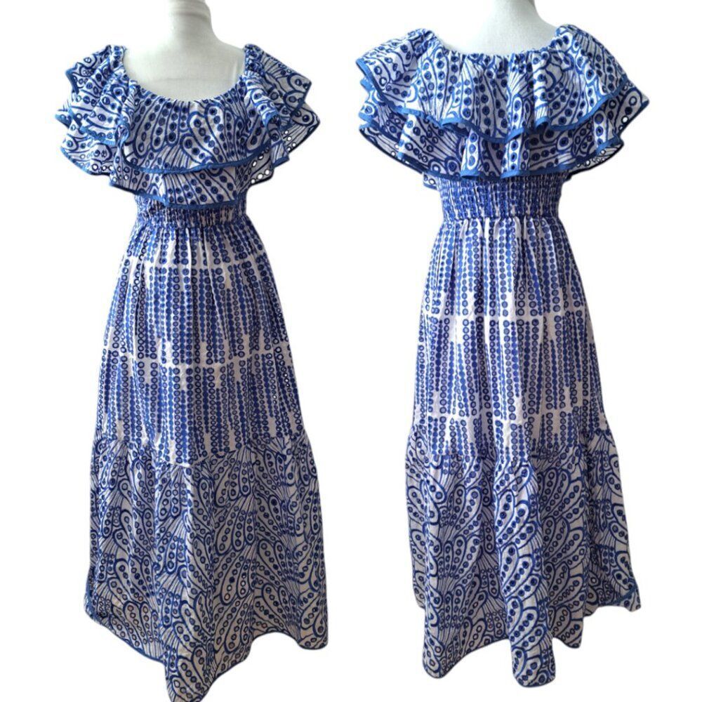 Daphne Lo Women Ruffle Tiered Boho Eyelet Travel Vacation Smocked Waist Dress S